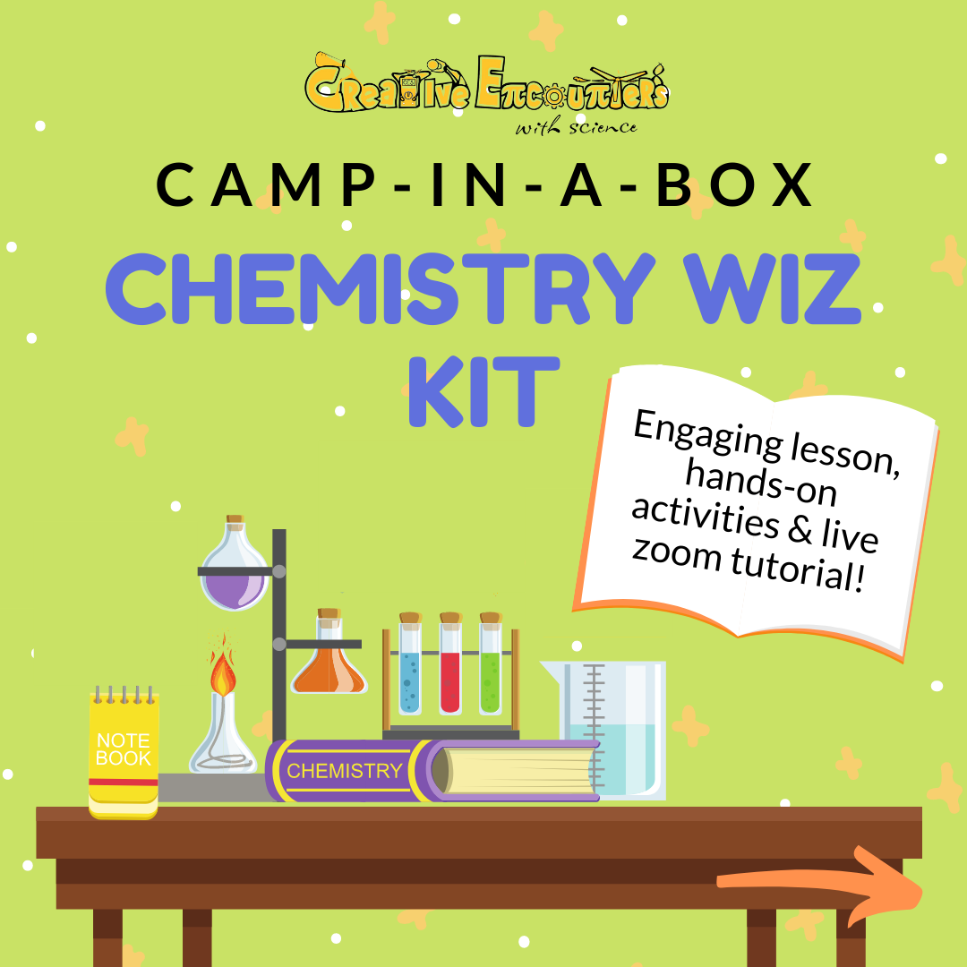 Camp-in-a-Box incorporates an engaging lesson, hands-on activities and a live zoom tutorial. The last theme of the summer is "Chemistry Wiz Kit"